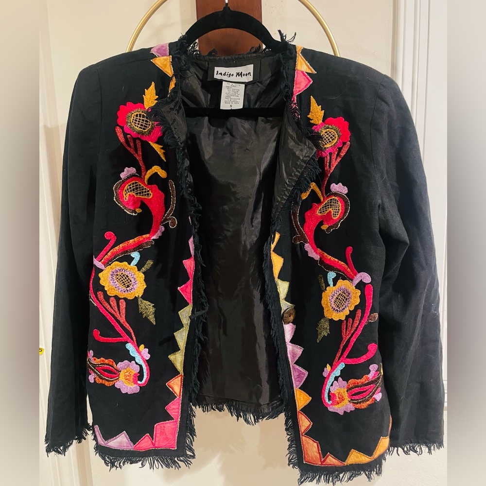 Indigo Black Embroidered Openfront Jacket with Multicolor Floral Trim